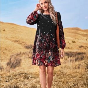 Floral Print Lantern Sleeve Dress, large